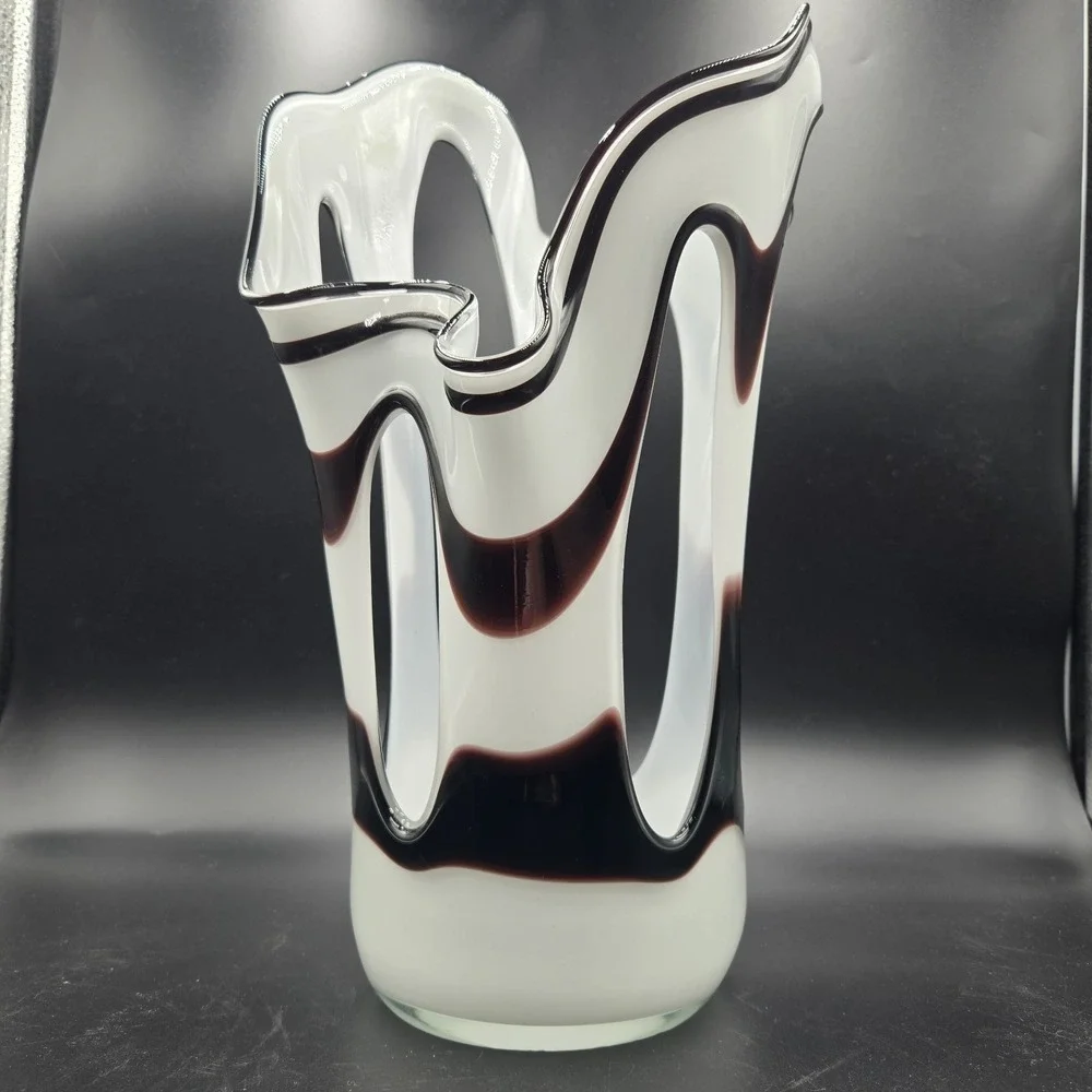VTG‎ Jozefina Krosno Hand-Blown Art Glass Vase Erupt Series Zebra Swirl Maroon